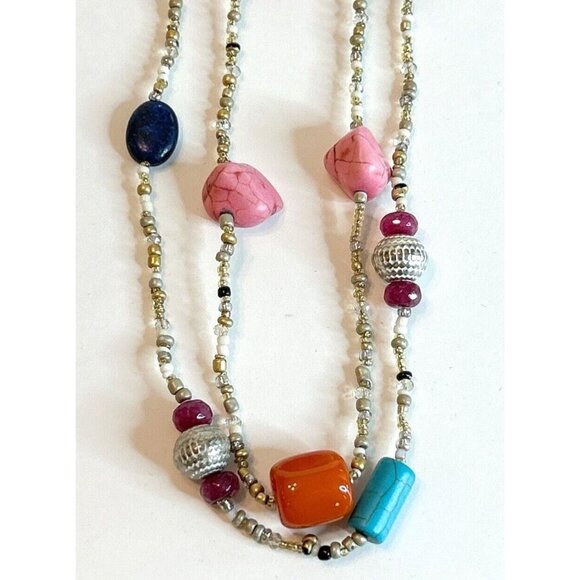 Chico's Women Turquoise Purple Metallic Bead Double Strand Gotdtone Necklace 15" - Picture 2 of 6